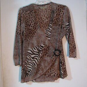 Notations Animal Print Blouse Large Micro Pleats Textured Faux Wrap Top Like New